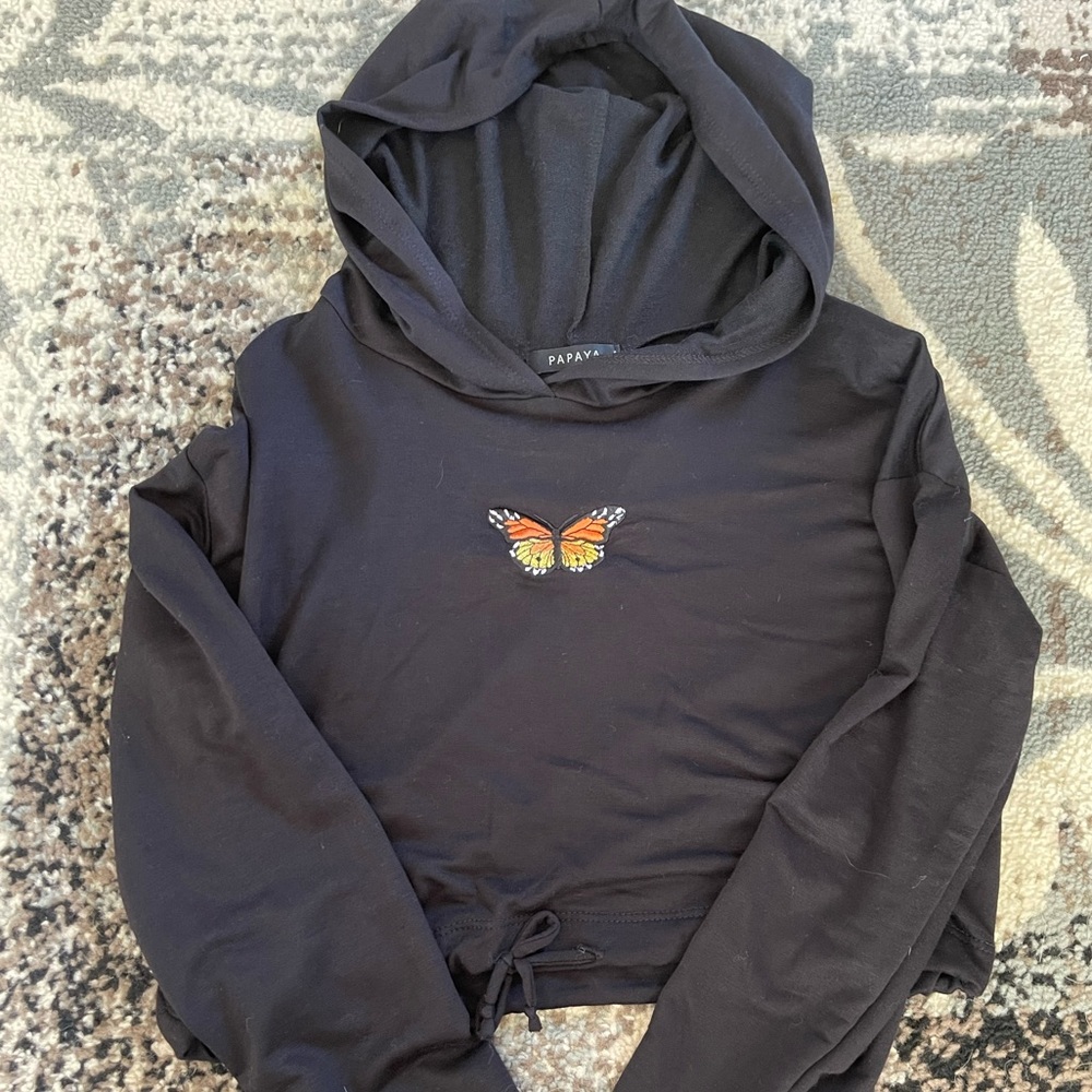 Papaya: (MEDIUM) Cropped Loose Fit Long Sleeve Hoodie with Waist Drawstring